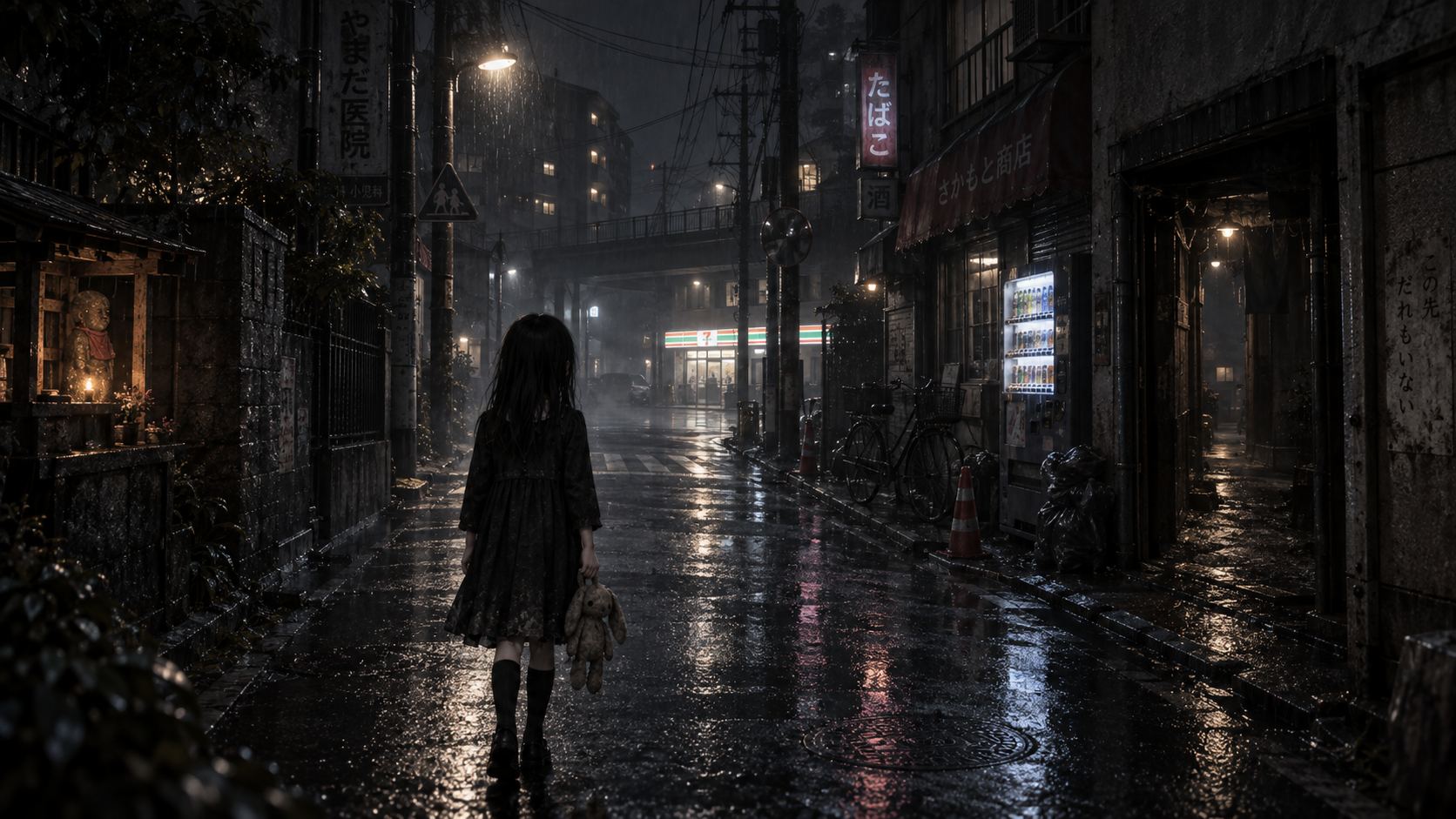 参考图：女孩手持兔子玩偶，站在下雨的日式旧街